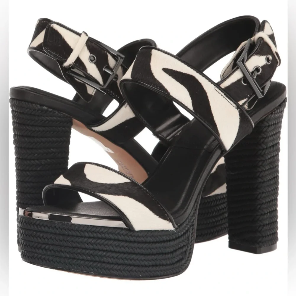 DKNY Yadira Double Strap Platform Heeled Sandal Black White Zebra Print Size 9